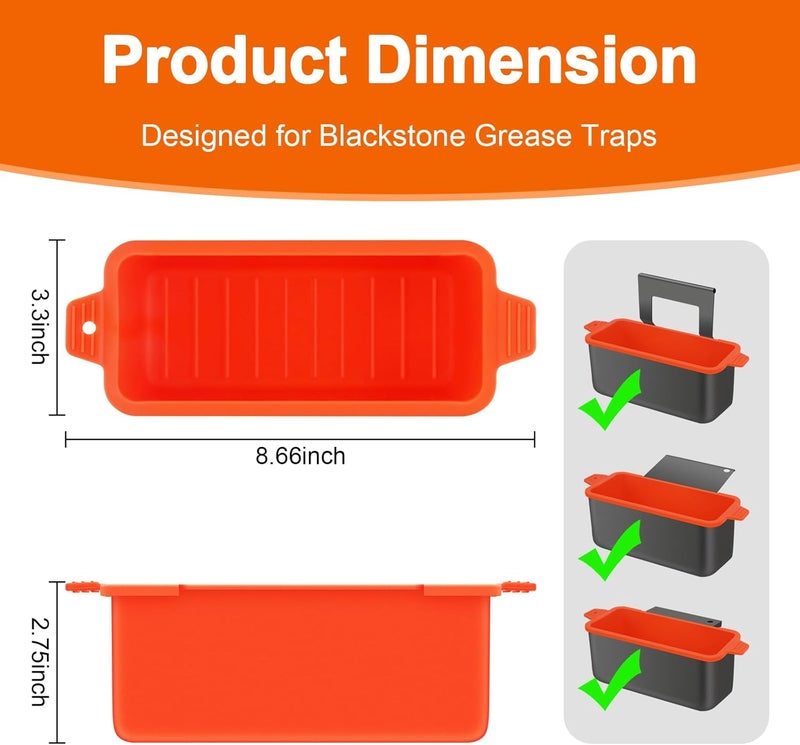 Oliggive 2 PCS Silicone Grease Cup Liners for Blackstone 36 28 22 17 Inch Griddle,Reusable Grease Catcher Cup Liner Grill Grease Tray,Durable Drip Pans Blackstone Griddle Accessories,Orange - Image 2